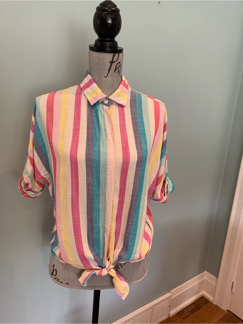 Tribal Multi-Color Vertical Stripe Tie-Front Blouse